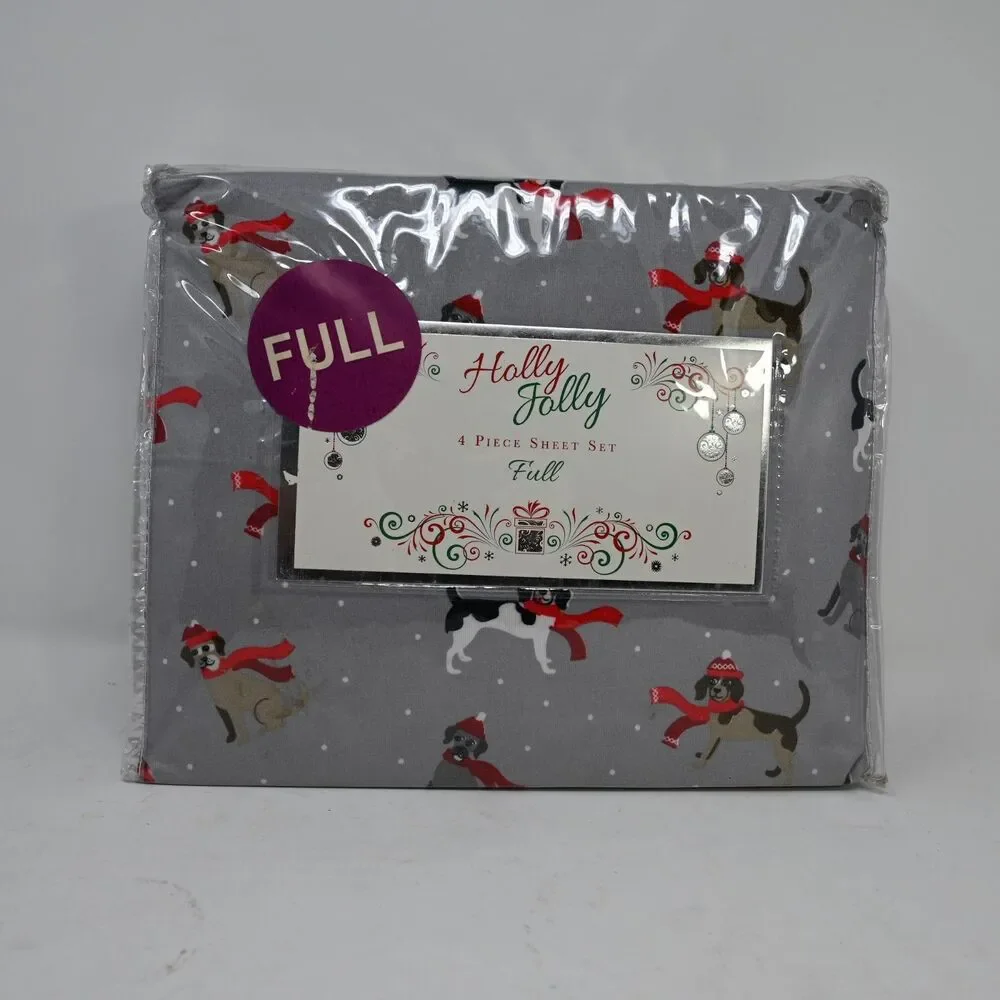 Holly Jolly Full 4pc Sheet Set Dogs Christmas Gray New Package Wear